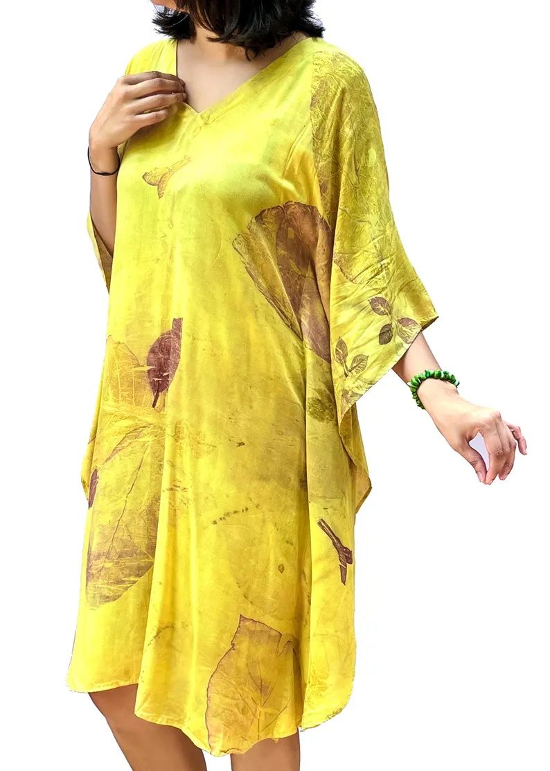 Eco Print Kaftan Dress | Botanical Leaf Tunic, Natural Dye Bohemian Resort Wear - Image 3