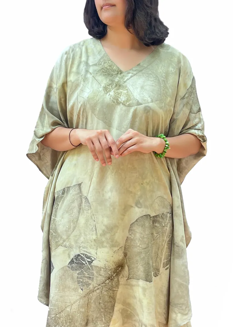 Eco Print Silk Kaftan, Botanical Leaf Dye Maxi Dress, Bohemian Resort Wear