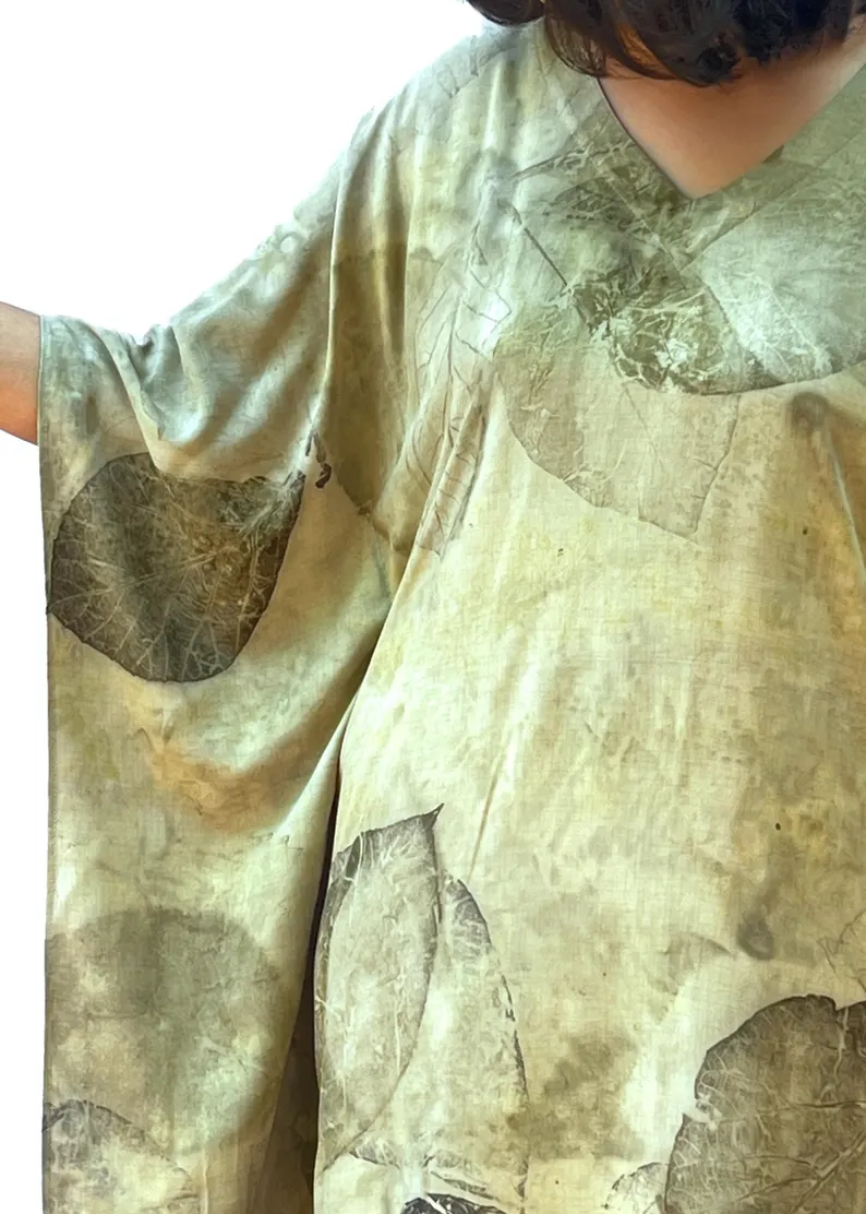 Eco Print Silk Kaftan, Botanical Leaf Dye Maxi Dress, Bohemian Resort Wear - Image 4