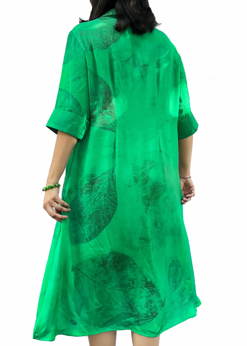 Emerald Green Leaf Print Midi Shirt Dress | Silk Blend Botanical Resort Wear - Image 2