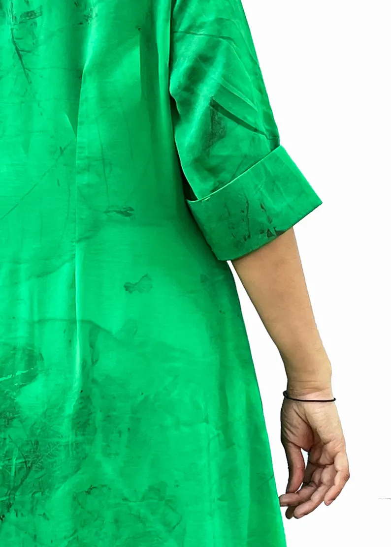Emerald Green Leaf Print Midi Shirt Dress | Silk Blend Botanical Resort Wear - Image 4