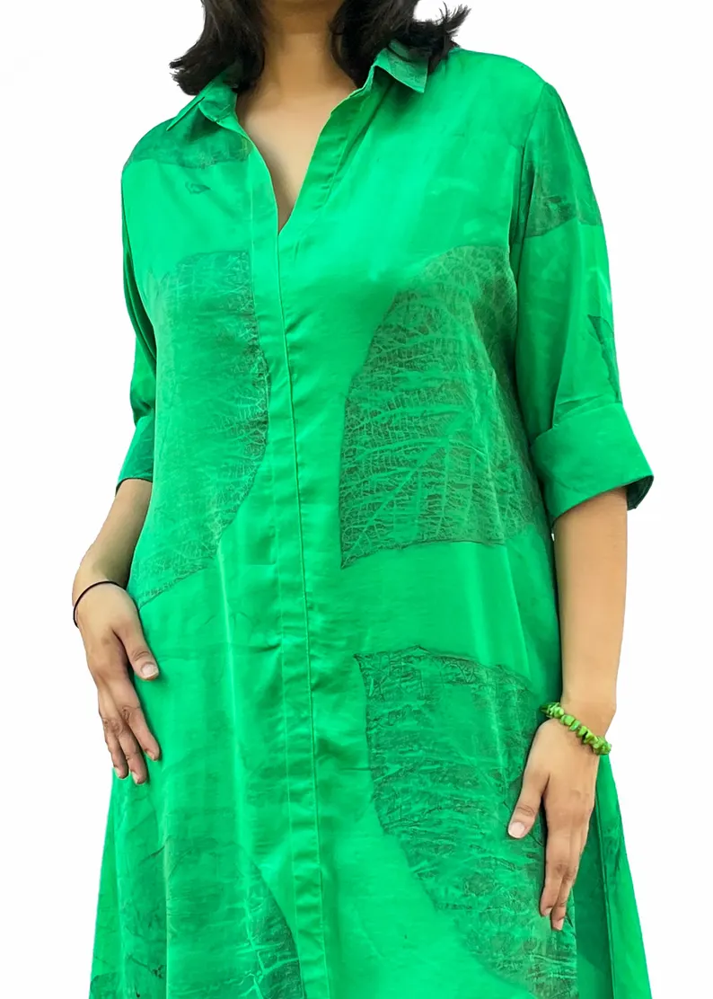 Emerald Green Leaf Print Midi Shirt Dress | Silk Blend Botanical Resort Wear - Image 3