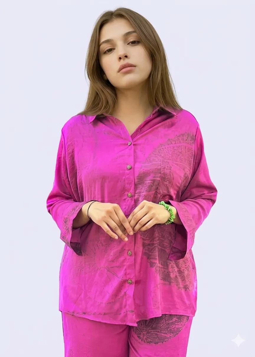 Fuchsia Botanical Eco-Print Co-ord Set | Silky Soft Lounge Wear Outfit