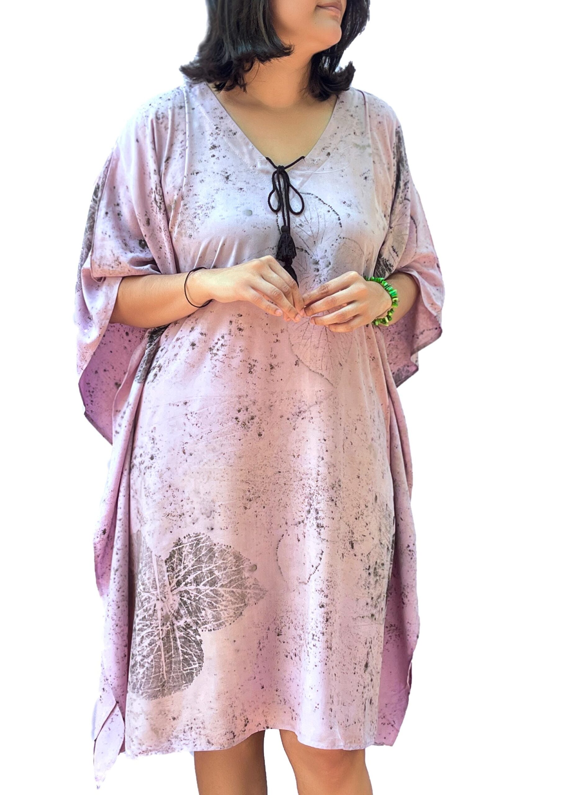 Teak Leaf Print Kaftan Dress | Boho Batwing Sleeve Resort Wear | Lightweight Vacation Cover Up