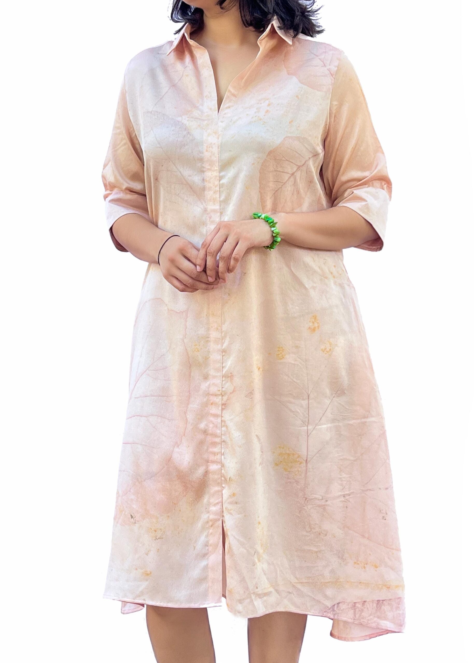 Botanical Leaf Eco Print Midi Shirt Dress | Peach Natural Dye Tunic Summer Clothing