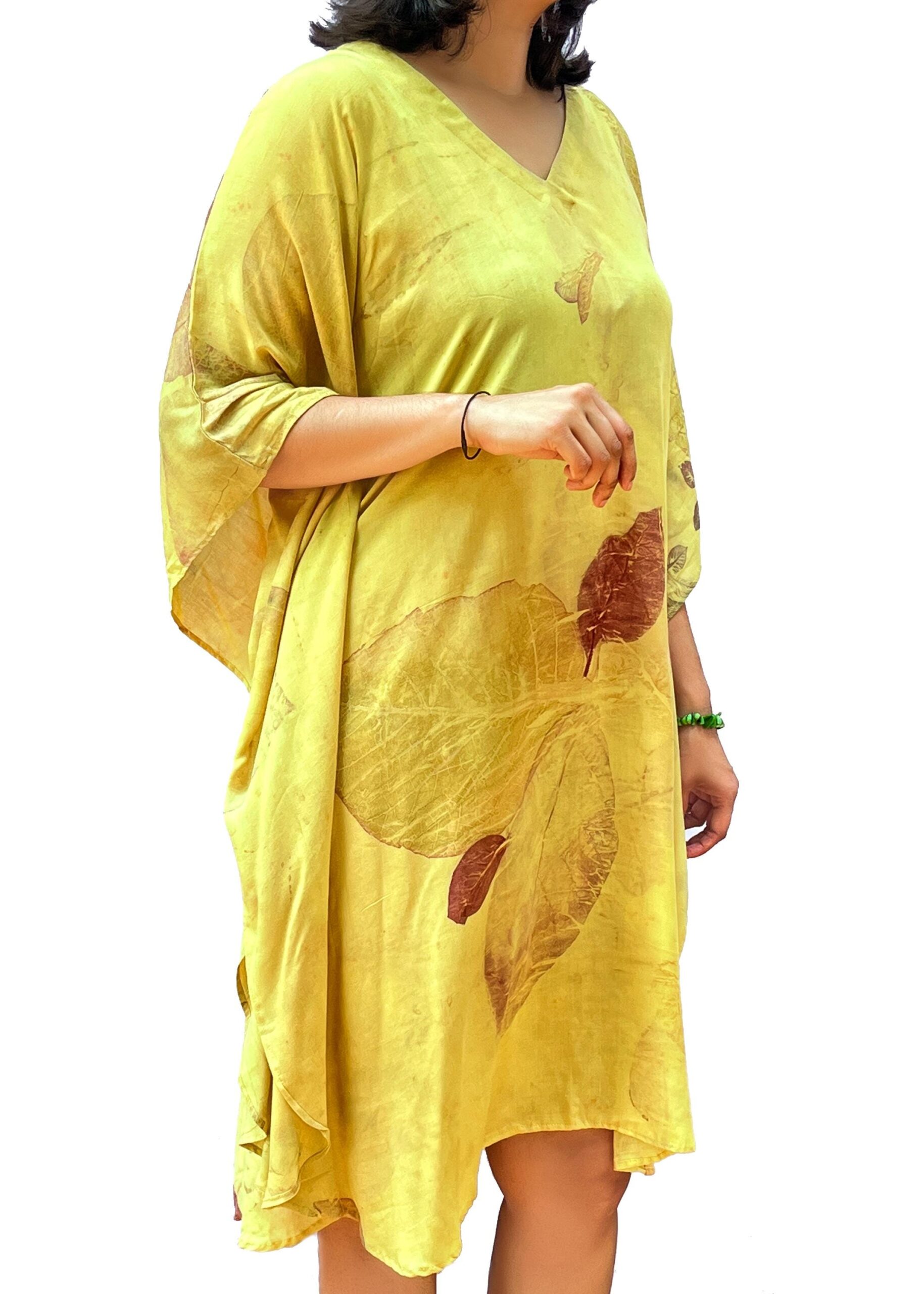 Eco Print Kaftan Dress | Botanical Leaf Tunic, Natural Dye Bohemian Resort Wear