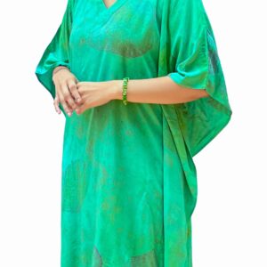 Teal Emerald Leaf Print Kaftan Dress | Bohemian Resort Wear V-Neck Tunic