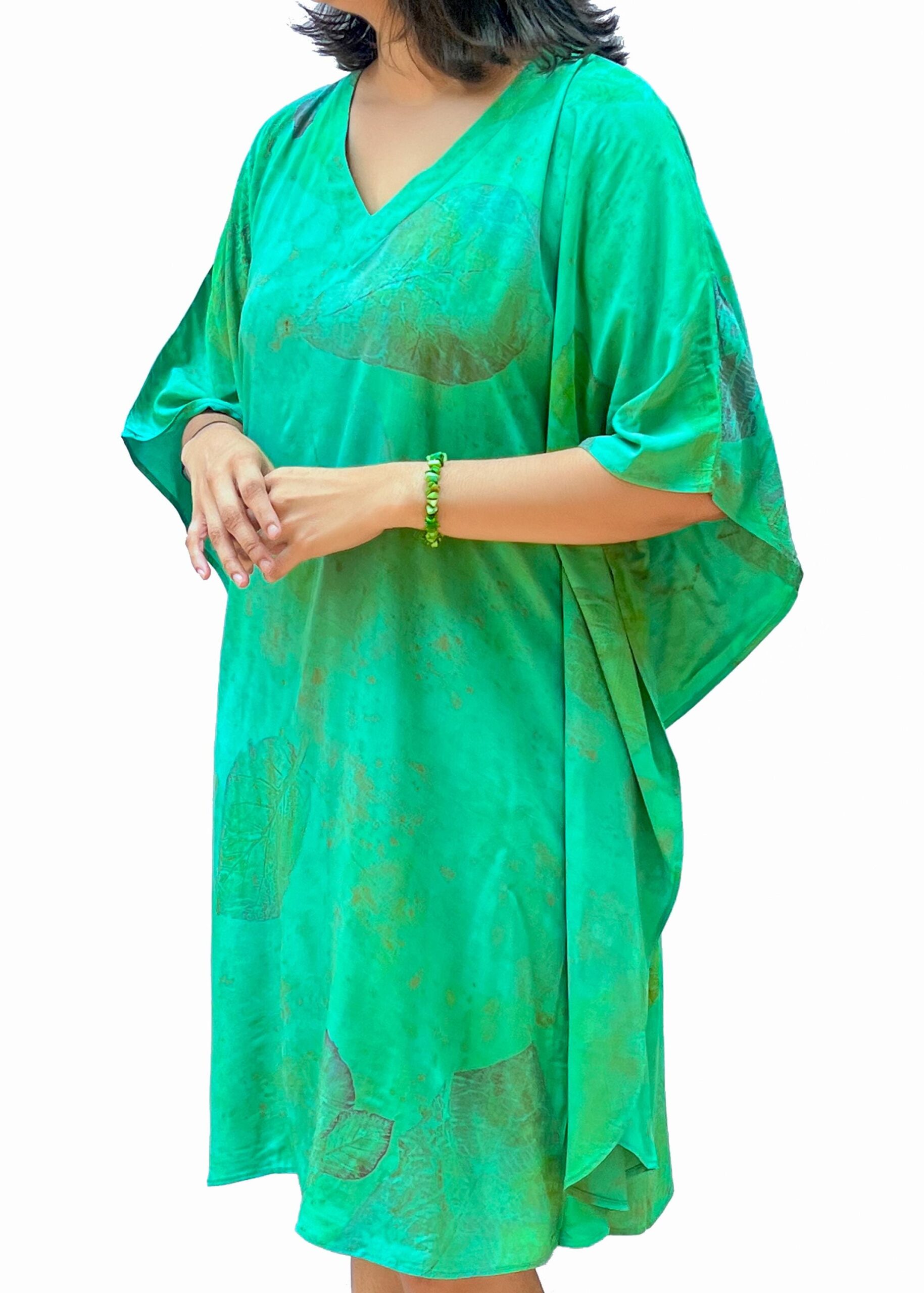 Teal Emerald Leaf Print Kaftan Dress | Bohemian Resort Wear V-Neck Tunic
