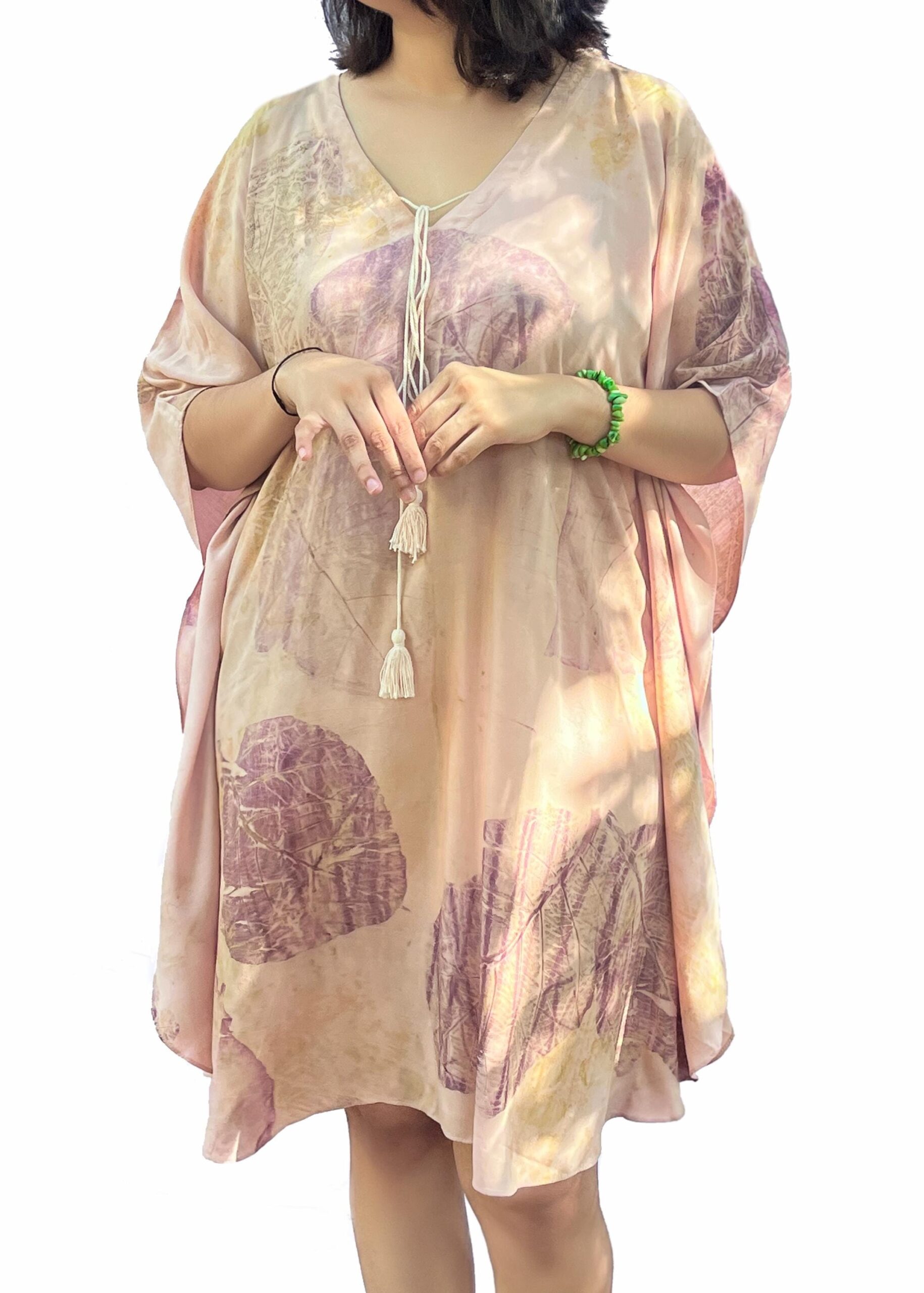 Eco Print Kaftan Dress | Botanical Dye Cotton Blend Tunic | Bohemian Resort Wear