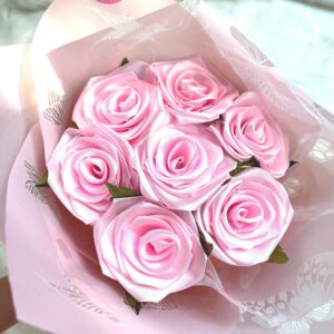 Pink Satin Rose Bouquet | Handmade Fabric Everlasting Flowers (Thank You! Sticker)