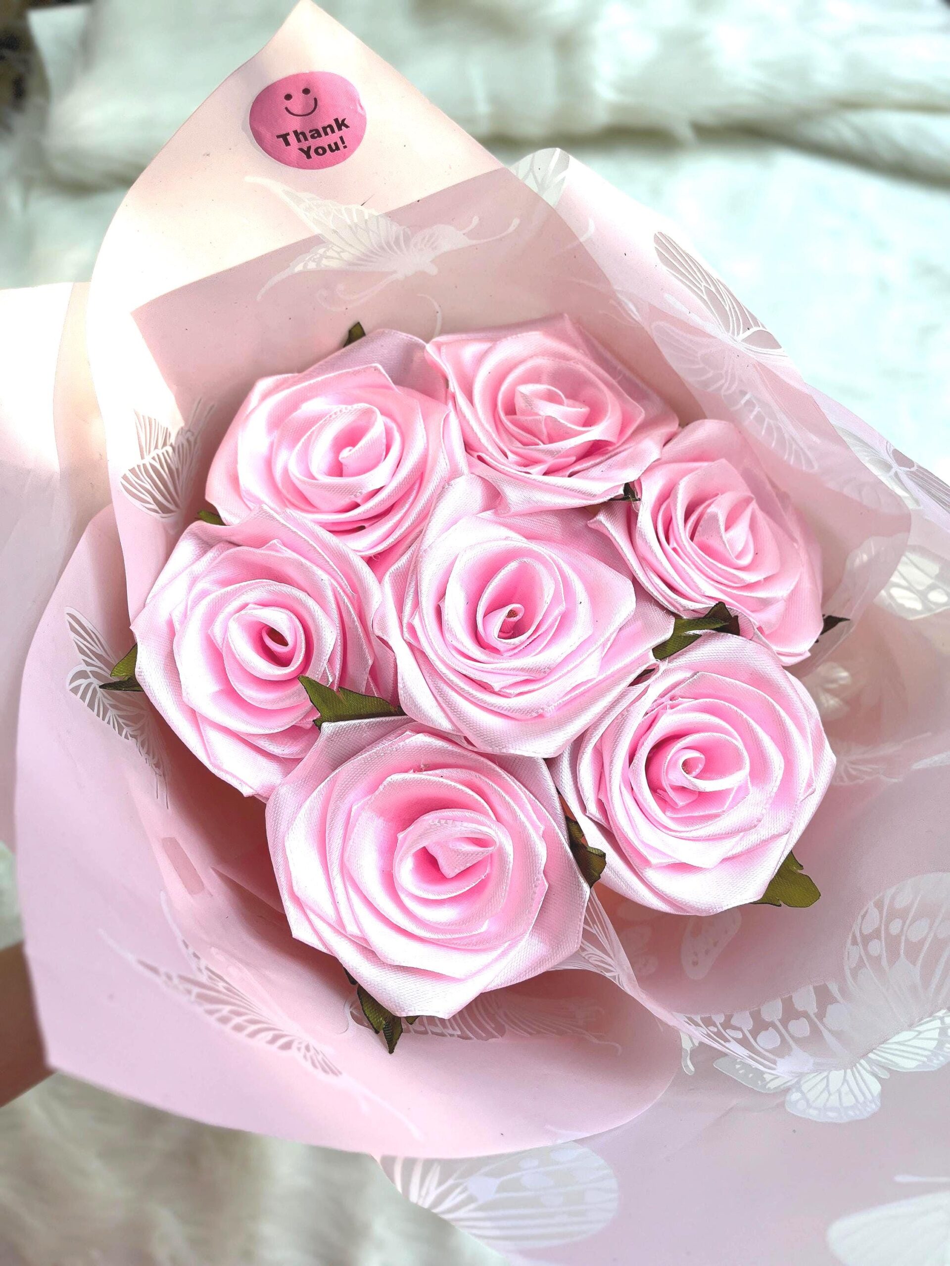 Pink Satin Rose Bouquet | Handmade Fabric Everlasting Flowers (Thank You! Sticker)