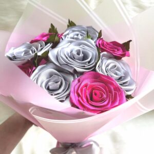 Handmade Satin Ribbon Rose Bouquet – Silver Hot Pink Flowers, Everlasting Gift