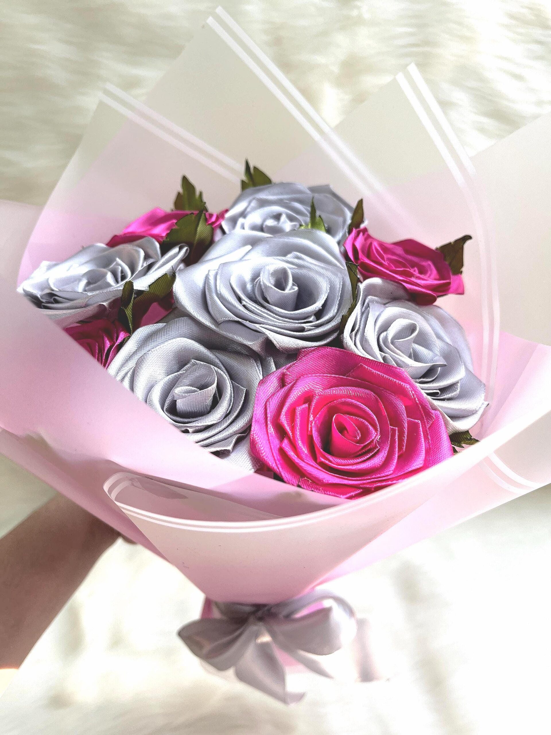Handmade Satin Ribbon Rose Bouquet – Silver Hot Pink Flowers, Everlasting Gift