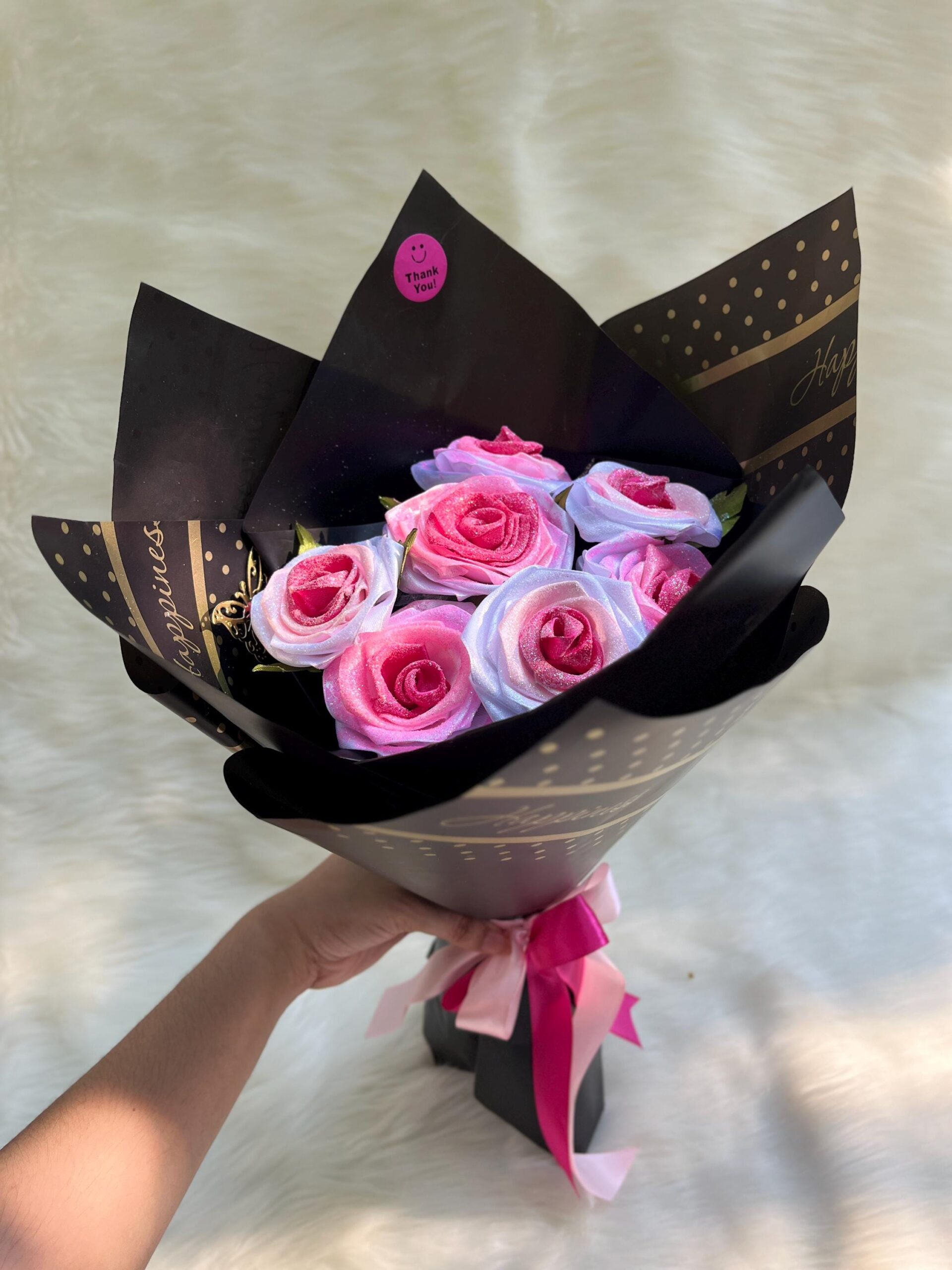 Glitter Ribbon Rose Bouquet | Pink White Fabric Flowers, Everlasting Gift