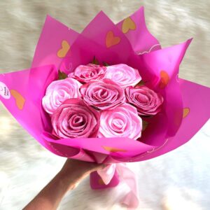 Satin Ribbon Rose Bouquet | Pink Glitter Faux Flowers | Wedding Decor Gift