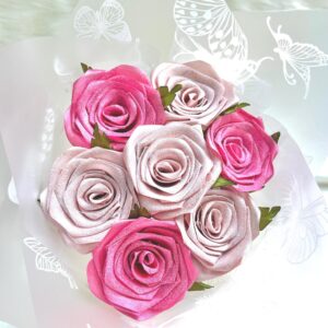 Pink Shimmer Ribbon Rose Bouquet | Satin Flowers, Butterfly Wrap Decor